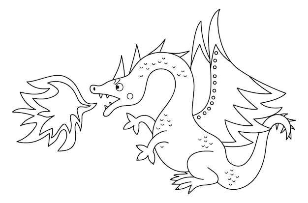 Dragón blanco y negro de cuento de hadas exhalando fuego aislado sobre fondo blanco Línea vectorial animal de fantasía Personaje de cuento de hadas medieval Icono mágico de dibujos animados o página para colorearxA