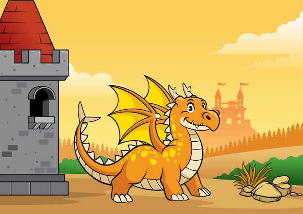 Dragón y castillo con estilo de dibujos animados