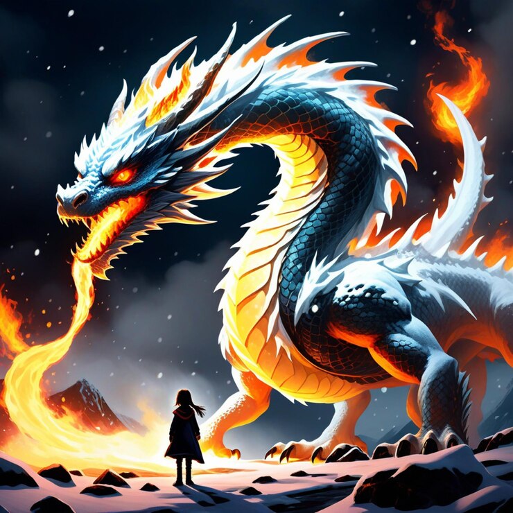 un dragón con una chica de pie frente a un fuego con una chico de pie en el fondo