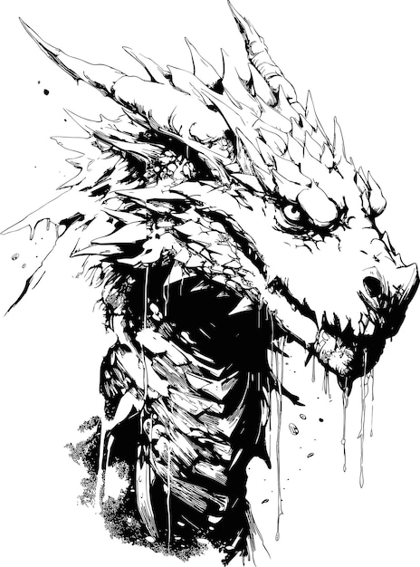 Dragón de Cracovia, una criatura legendaria del folclore polaco representada en una ilustración vectorial de tinta blanca y negra