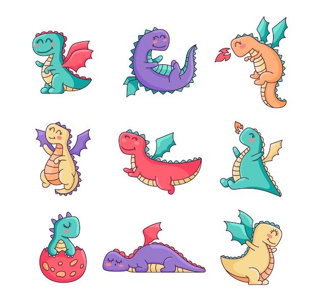 Dragón divertido feliz personaje lindo monstruos de cuentos de hadas dibujo a mano estilo dibujo vectorial