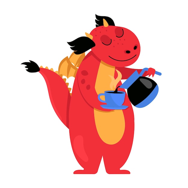 Dragón divertido vierte café caliente en una taza Gráfico vectorial