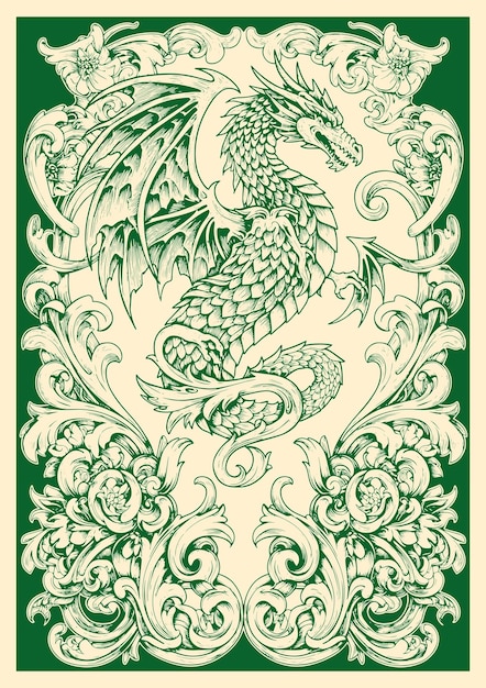 dragón de fuego con decoración florecida victoriana en ilustraciones en blanco y negro recorte gráfico