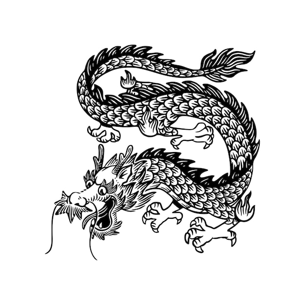 Dragón grabado dibujado a mano Dragón tradicional blanco y negro Año del signo del zodiaco del Dragón