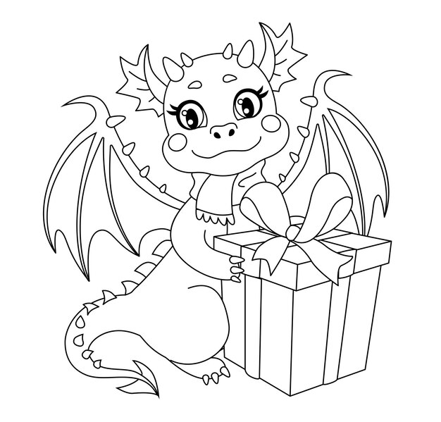 Dragón lindo con caja de regalos de Navidad Símbolo del Año Nuevo Chino 2024 Página para colorear para niños