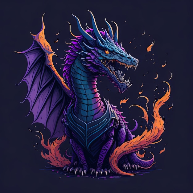 Un dragón morado con la palabra dragón en él.