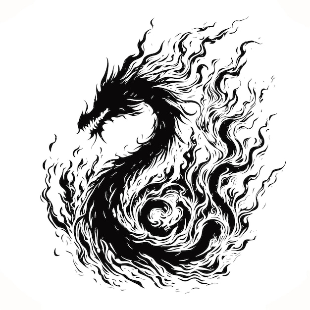 Dragón negro dibujo decorativo negro de un dragón rodeado de llamas dragón
