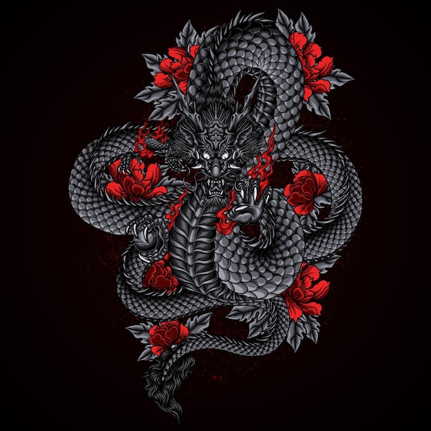 Vector dragón negro con ilustración de vector de flor roja