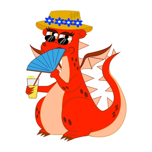 Dragón de personaje de fantasía divertido con un cóctel y un ventilador aislado sobre fondo blanco.