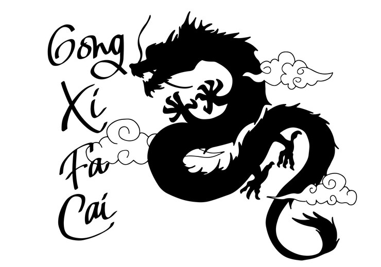 dragón tradicional chino dibujado a mano en blanco y negro