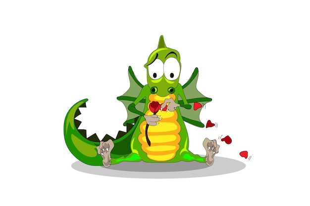 Un dragón verde con un corazón en sus manos.
