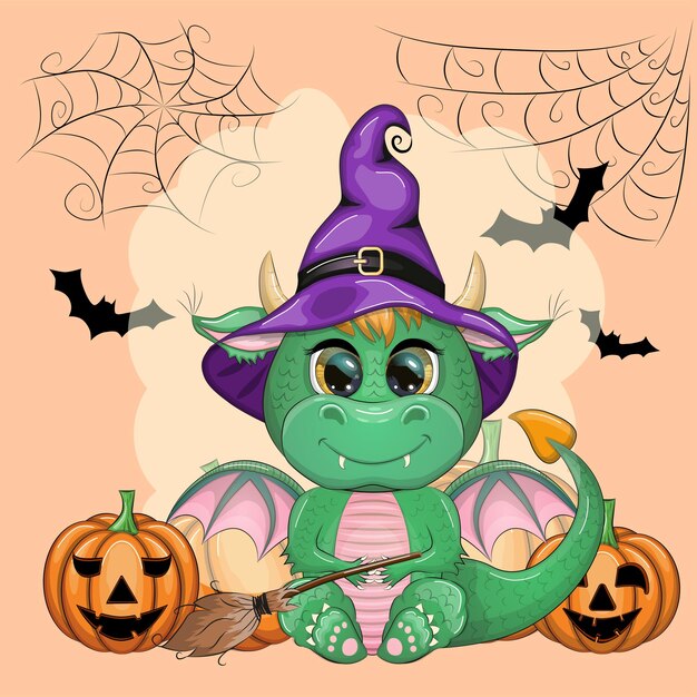 Dragón verde de dibujos animados lindo con un sombrero mágico púrpura Escoba de poción de calabaza de Halloween Símbolo de 2024 según el calendario chino Monstruo reptil mítico