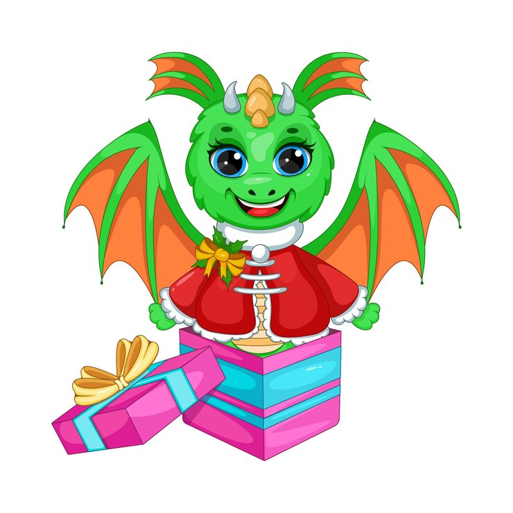 Vector dragón verde de navidad en caja de regalo