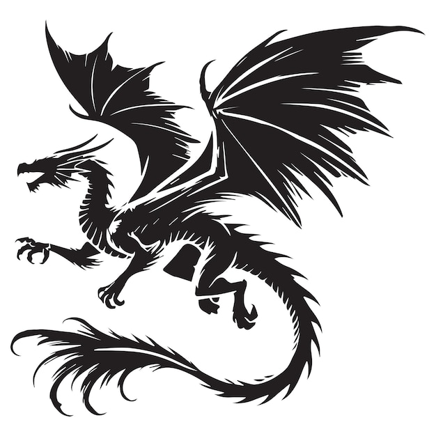 Un dragón volando con alas ilustración vectorial en blanco y negro