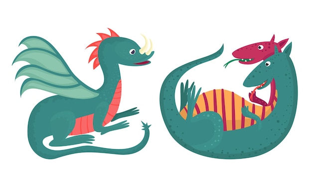 Dragones de dibujos animados con alas Picos y colas Conjunto vectorial