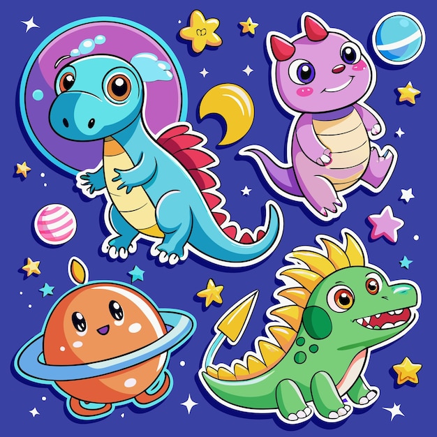 Dragones de dibujos animados con estrellas, planetas y una luna.