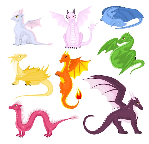 Dragones de hadas dragón de cuento de hadas divertido lagarto mágico lindo con alas y serpiente que escupe fuego del bebé