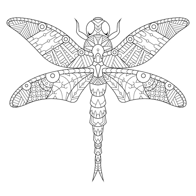 Dragonfly mandala zentangle ilustración en estilo lineal para colorear libro