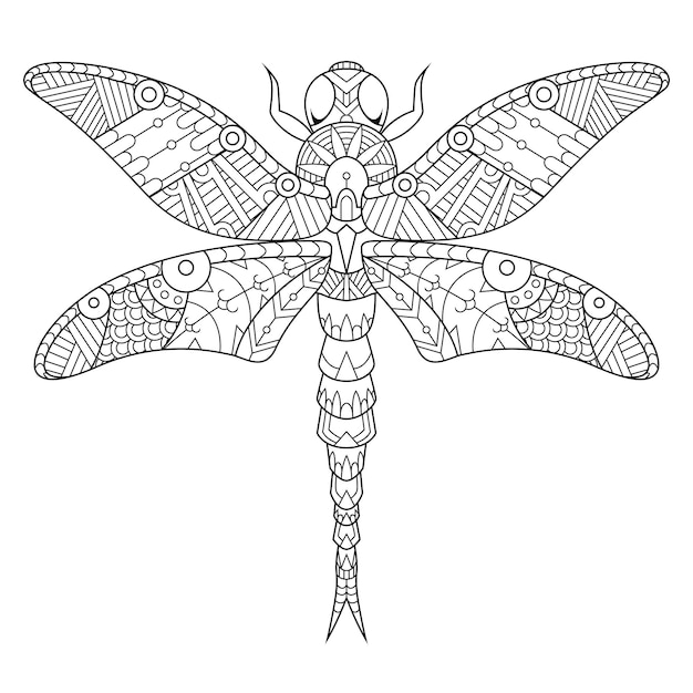 Dragonfly mandala zentangle ilustración en estilo lineal para colorear libro