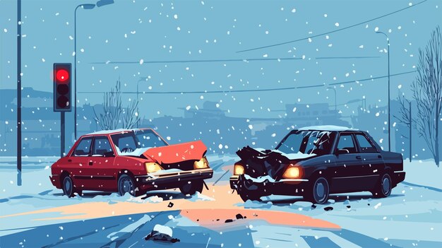 Dramática escena de un accidente automovilístico en el camino de la noche nevada