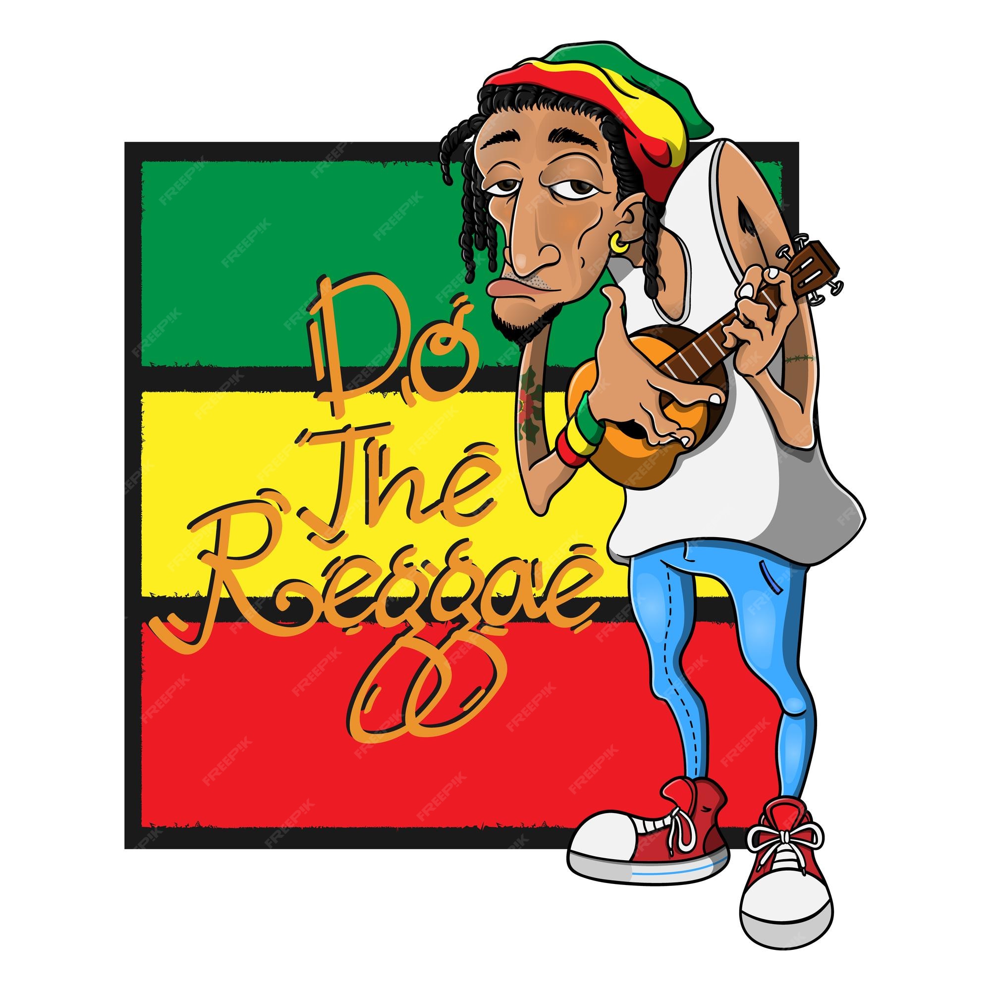 Dreadlocks men vistiendo beanie hat con colores rastafari tocando música  reggae con guitarras ukelele | Vector Premium