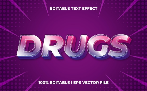 drogas efecto de texto 3d con tema brillante. plantilla de tipografía de moda