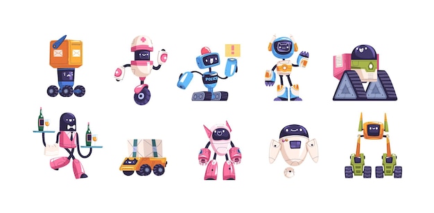 Droid personajes juegos de dibujos animados robots cyber monstruo espacio android retro o futurista robot mascota robótica servicio ejército tecnología del futuro lindo juguete ai ilustración vectorial de clase