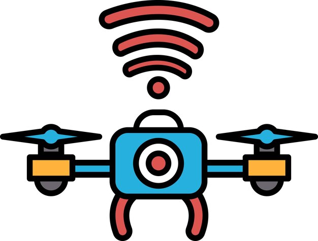 Un dron azul y rojo con una cámara en la parte superior