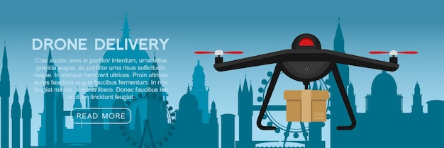 Vector un dron sobrevuela una ciudad y una ciudad.