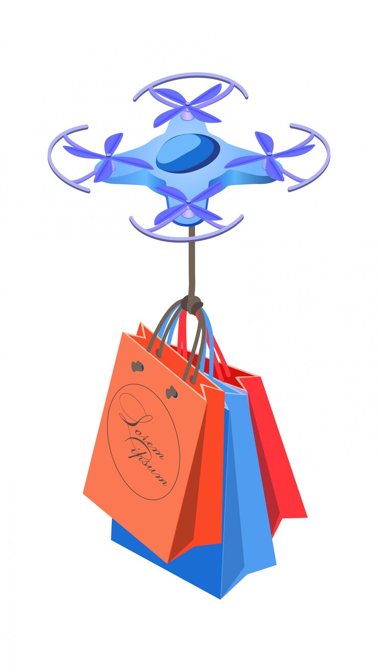 Vector drone 3d con bolsas de compras isométrica ilustración