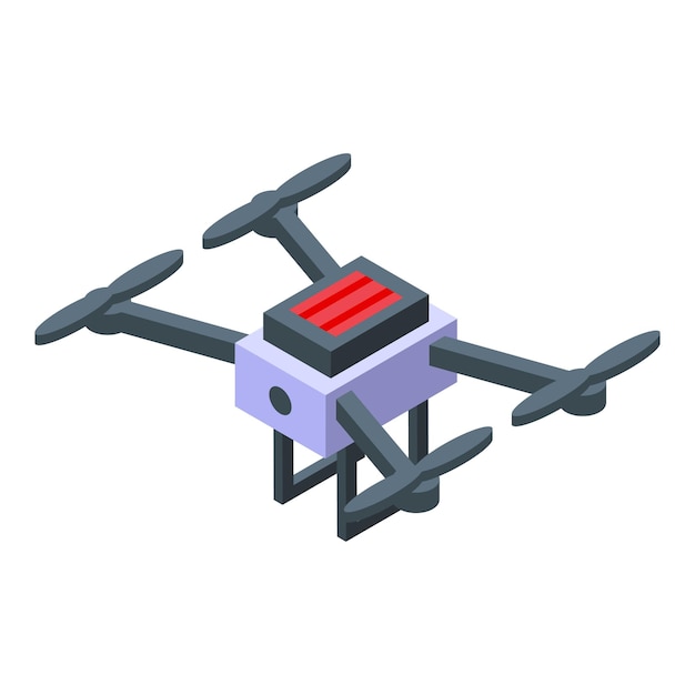 Drone blanco volando con cuatro rotores y luz roja vista isométrica