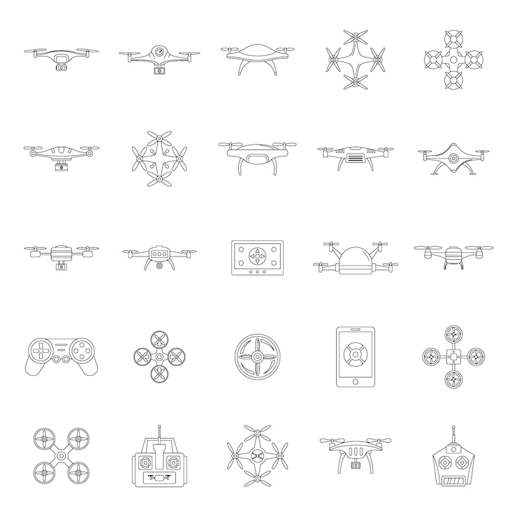 Vector drone cámara quadcopter iconos conjunto