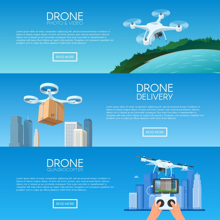 Vector drone con control remoto volando sobre la ciudad. entrega de pizza en quadcopter. drone aéreo con cámara tomando fotografía y video concepto de ilustración