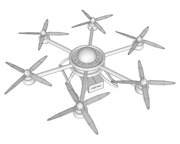 Drone entrega la mercancía. Ilustración de vector volumétrico.