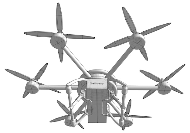 Drone entrega la mercancía. Ilustración de vector volumétrico.