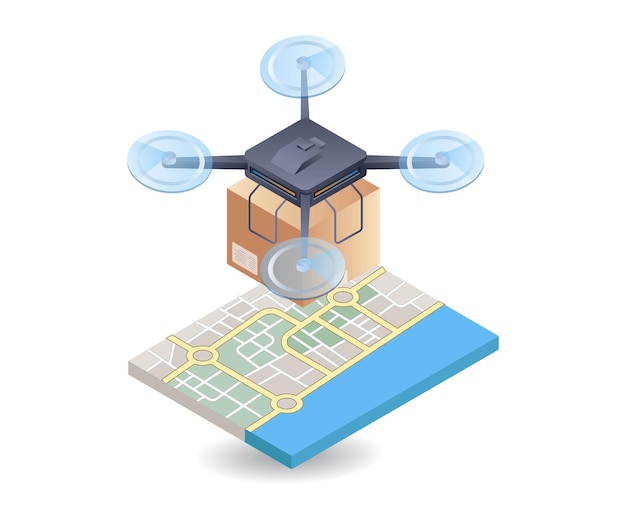 Drone entregando mercancías con mapa de ubicación plano isométrico 3d ilustración infográfica