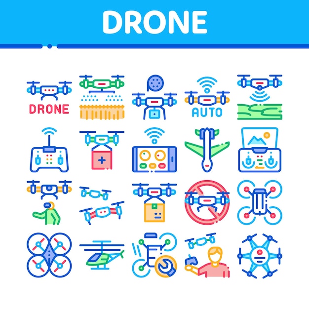 Drone Fly Quadrocopter Colección Iconos Set Vector