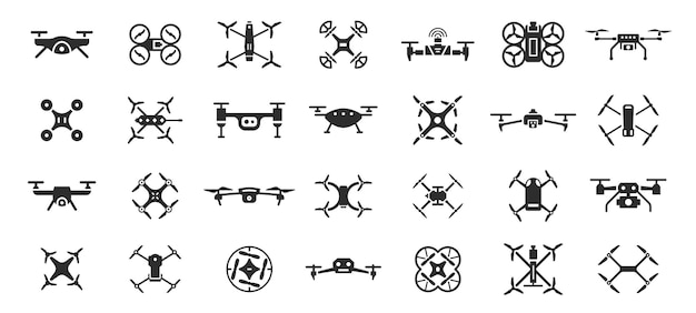 Drone icono negro Copter entrega controlada cámara fotografía aviación grabación de video drones vigilancia aérea aviones de control remoto quadcopter signo conjunto aislado vector