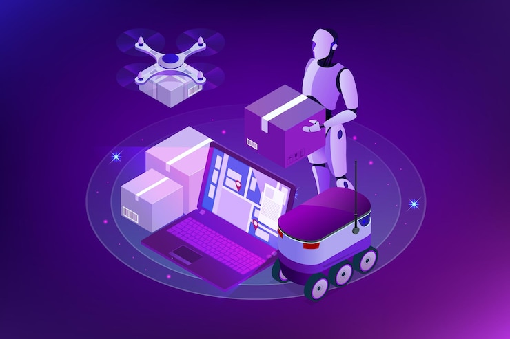 Vector drone isométrico entrega rápida de mercancías en la ciudad. concepto de innovación de envío tecnológico. logística autónoma. concepto web de entrega de robots.