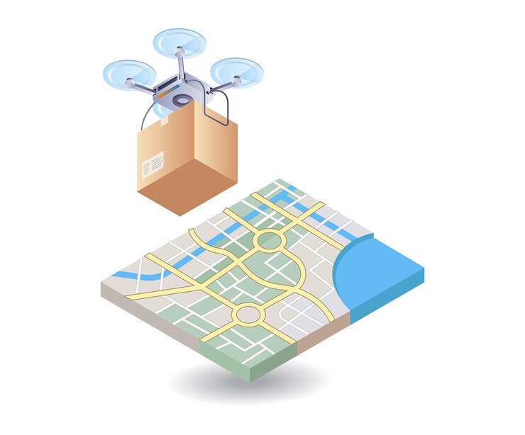 Vector drone con mapa de ubicación plano isométrico 3d ilustración infográfica