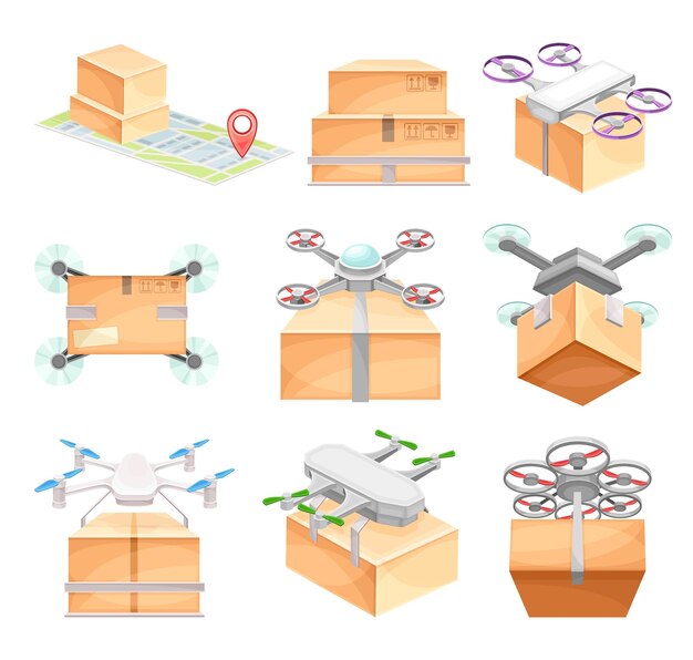 Drone que lleva cajas de paquetes a los clientes conjunto Ilustración vectorial del servicio aéreo de entrega rápida moderna