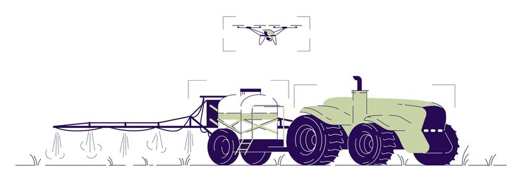 Vector drone riego tractor ilustración plana. maquinaria agrícola sin conductor con concepto de dibujos animados de control uav con contorno. tractor autónomo con esparcidor de fertilizante, riego por aspersión