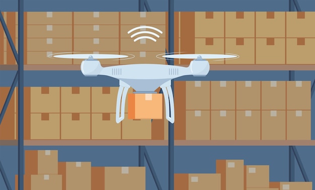 Drone trabajando en almacén moderno Concepto de tecnología robótica entrega rápida inteligencia artificial
