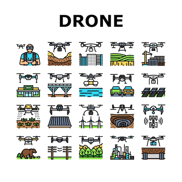 drone uso comercial iconos conjunto vector industria encuesta operador clima seguridad topógrafo tierra ciudad agricultura digital drone uso comercial ilustraciones de línea de color