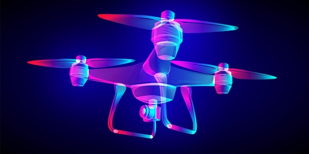 Drone volador con una foto aérea o una cámara de video de acción. Esquema de la estructura metálica de Quadrocopter vectorial en un estilo de arte de línea de neón fluorescente. Ilustración abstracta 3D sobre un fondo azul oscuro