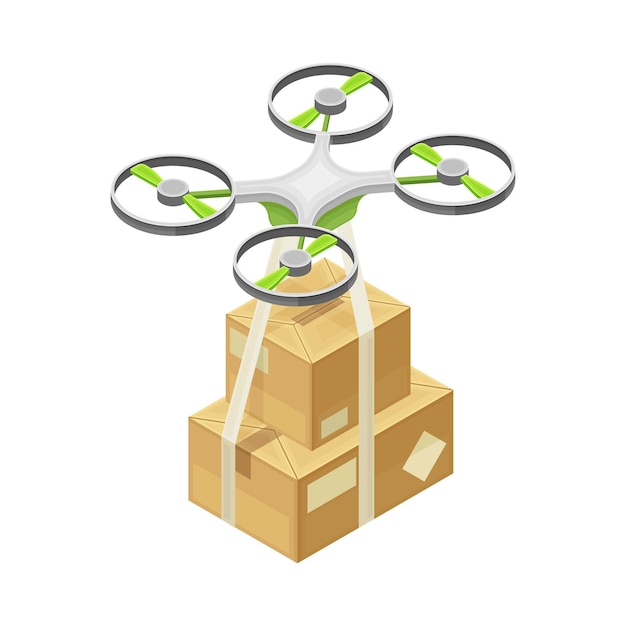 Drone volando con caja de cartón como entrega de paquetes y logística de la ilustración isométrica vectorial del almacén