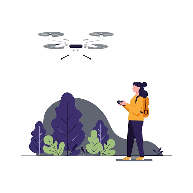 Drone volando por encima de una persona en la naturaleza con ilustración vectorial plana