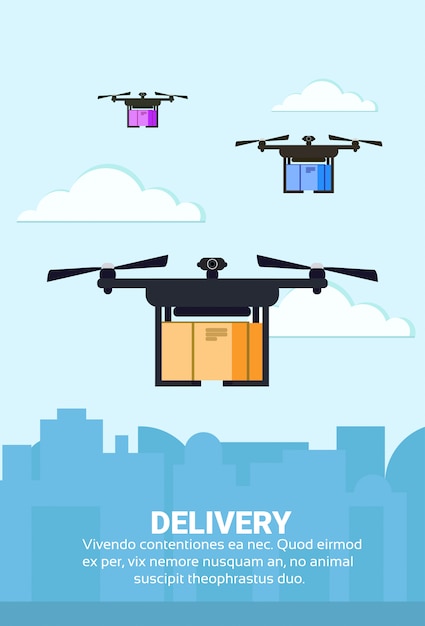 Drone volando entrega paquete de aire envío llevar quadrocopter paisaje urbano