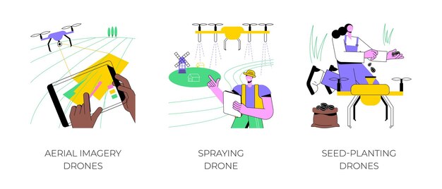 Drones agrícolas ilustraciones de vectores de dibujos animados aislados