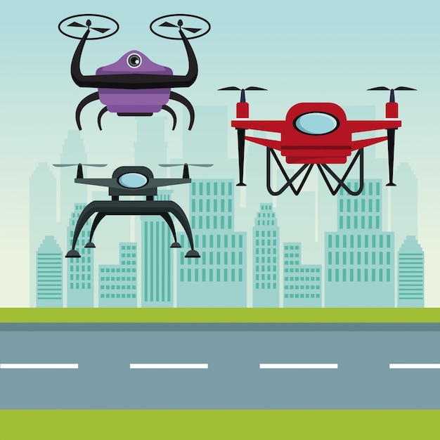 drones robot con dos hélices volando y base